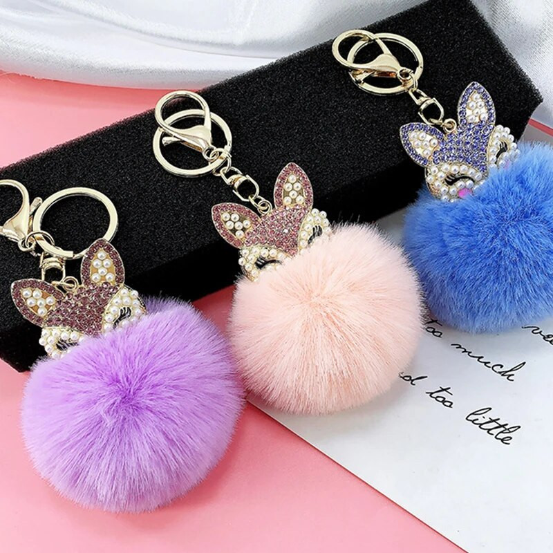 Armsad Mini Fox ripatsiga võtmehoidjad naistele Tüdrukutele Kohevad karusnahast võtmehoidja ketid Pompom Ball Rhinestone`i auto võtmehoidja hoidja võlukott