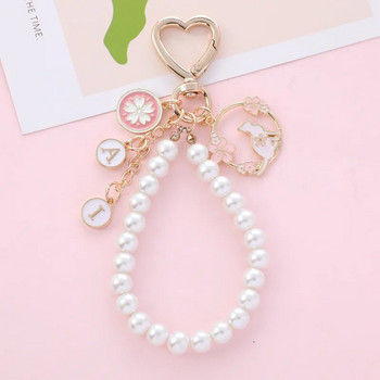 Sweet Pink Cherry Blossom Fan Rabbit Ribbon Pearl Keychain Жени Креативно сърце Ключодържател Чанта Висулка Бижута Момичета Подарък