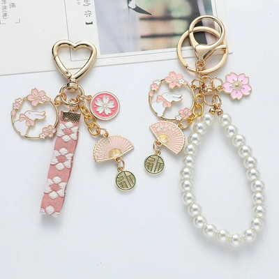 Sweet Pink Cherry Blossom Fan Rabbit Ribbon Pearl Keychain Жени Креативно сърце Ключодържател Чанта Висулка Бижута Момичета Подарък