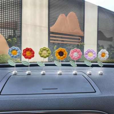 Cute Shake Head Flower Car Decoration Cute  Sunflower Instrument Panel Decoration Diamond Exquisite Car Interior Accessories