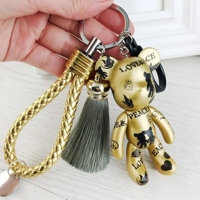 New Love Peace Movable Joints Bear Keychain Мъжки кожен пискюл ключодържател върху чанта Кола дрънкулка Дамски бижута Парти подарък