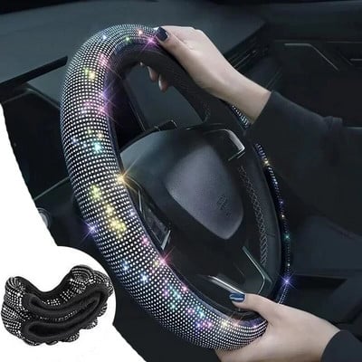 Bling Bling Diamond Rhinestones Automašīnas stūres pārsegs 37/38cm Auto Salona Aksesuāri Sieviešu futrālis Automašīnu stils četri gadalaiki