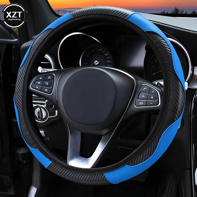Automašīnas stūres pārsegs Pretslīdes PU ādas stūres pārsegi Piemēroti 37-38cm ACarbon Fiber Car Decoratio Auto aksesuāri