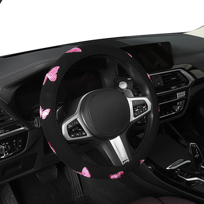 1 db fekete autókormány-burkolat pillangómintás dupla kerek, rugalmas illeszkedés 37-38 cm-es kormánykerékhez