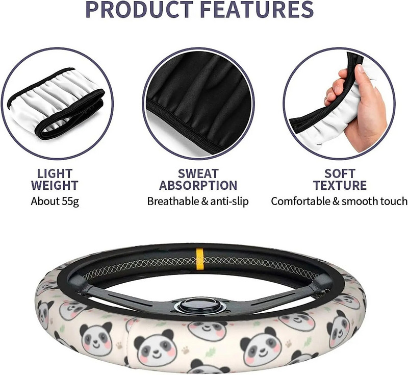 Cute Panda stūres rata vāciņš Universāls Panda Print Neoprēna automašīnas riteņa aizsargs Cute Universal Automotive Accessories