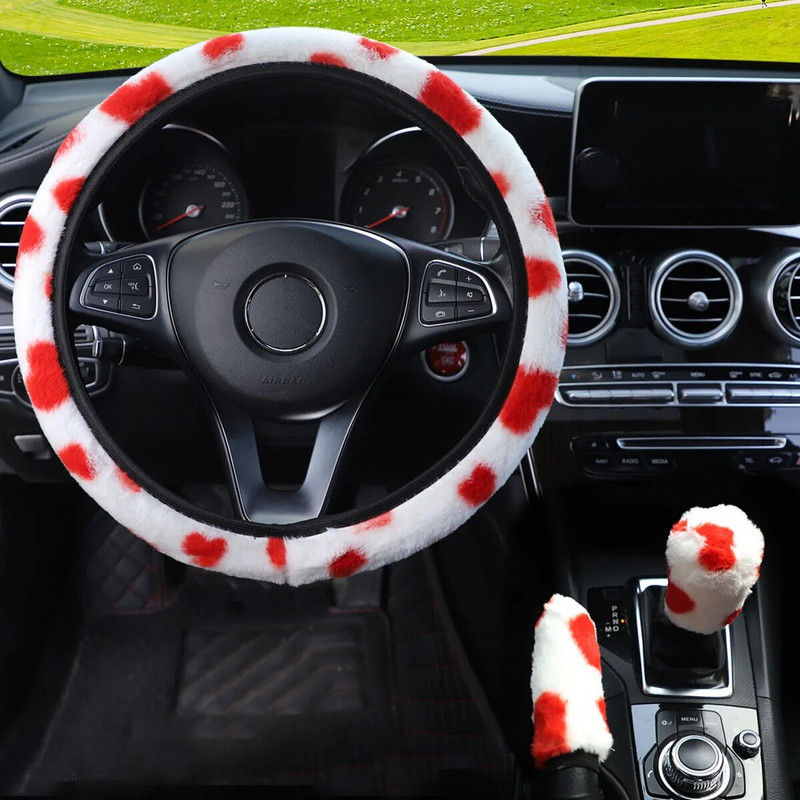 3 gab. Mīksts plīša stūres rata pārsegu komplekts ar apturēšanas sviru+rokas bremžu vilnas pārsegu ziemas siltajiem automobiļu salona piederumiem