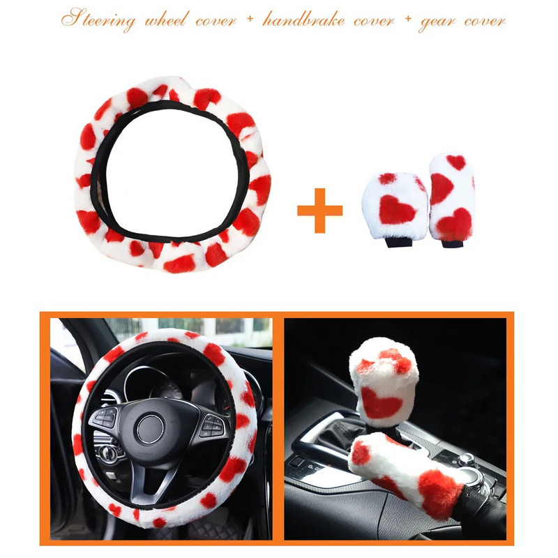 3 gab. Mīksts plīša stūres rata pārsegu komplekts ar apturēšanas sviru+rokas bremžu vilnas pārsegu ziemas siltajiem automobiļu salona piederumiem