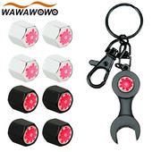 4Gb sarkanu ziedu stila automašīnu riteņu riepu vārstu uzmavu vāka dekorācija + 1gab oglekļa šķiedras uzgriežņu atslēgas automašīnu piederumi, vārsta kāta vāciņi