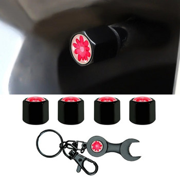 4 бр. Декорация на капачки на капачки на клапани за автомобилни гуми в стил червено цвете + 1 бр. Гаечен ключ от въглеродни влакна Автомобилни аксесоари Капачки на стеблото на клапаните