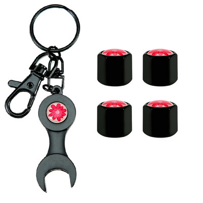 4Gb sarkanu ziedu stila automašīnu riteņu riepu vārstu uzmavu vāka dekorācija + 1gab oglekļa šķiedras uzgriežņu atslēgas automašīnu piederumi, vārsta kāta vāciņi