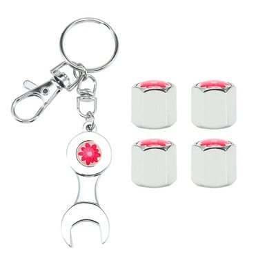 4Gb sarkanu ziedu stila automašīnu riteņu riepu vārstu uzmavu vāka dekorācija + 1gab oglekļa šķiedras uzgriežņu atslēgas automašīnu piederumi, vārsta kāta vāciņi