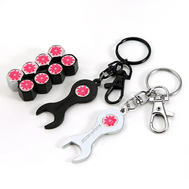 4Gb sarkanu ziedu stila automašīnu riteņu riepu vārstu uzmavu vāka dekorācija + 1gab oglekļa šķiedras uzgriežņu atslēgas automašīnu piederumi, vārsta kāta vāciņi