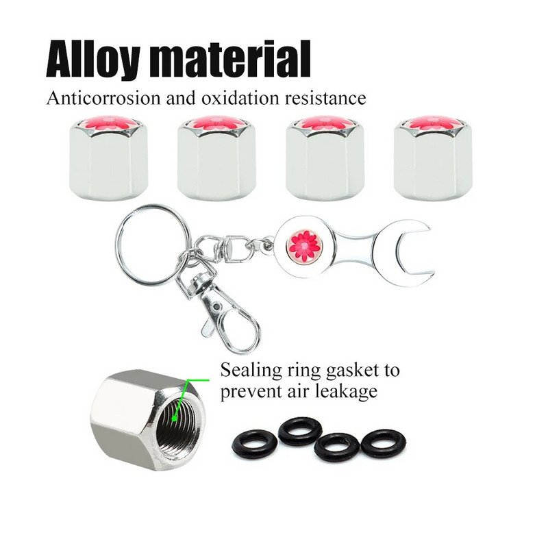 4Gb sarkanu ziedu stila automašīnu riteņu riepu vārstu uzmavu vāka dekorācija + 1gab oglekļa šķiedras uzgriežņu atslēgas automašīnu piederumi, vārsta kāta vāciņi