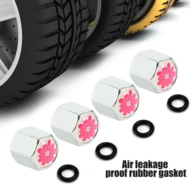 4Gb sarkanu ziedu stila automašīnu riteņu riepu vārstu uzmavu vāka dekorācija + 1gab oglekļa šķiedras uzgriežņu atslēgas automašīnu piederumi, vārsta kāta vāciņi