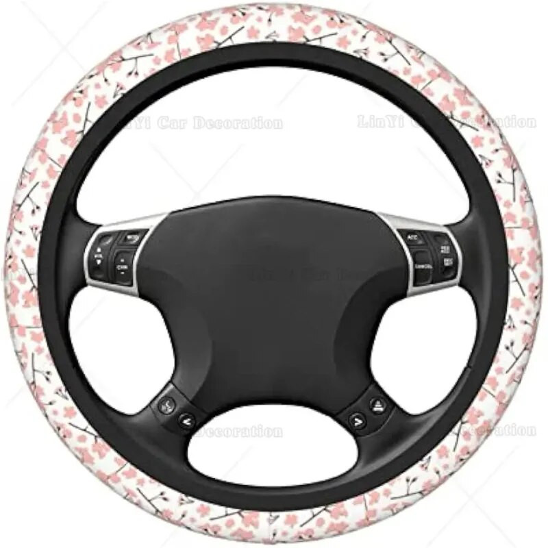 Κάλυμμα τιμονιού Cherry Blossoms Floral σχέδιο με ροζ λουλούδια Sakura Neoprene Αντιολισθητικό κάλυμμα τιμονιού 15 ιντσών