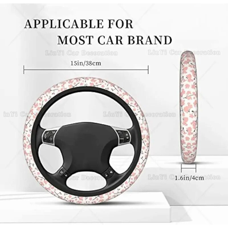 Κάλυμμα τιμονιού Cherry Blossoms Floral σχέδιο με ροζ λουλούδια Sakura Neoprene Αντιολισθητικό κάλυμμα τιμονιού 15 ιντσών