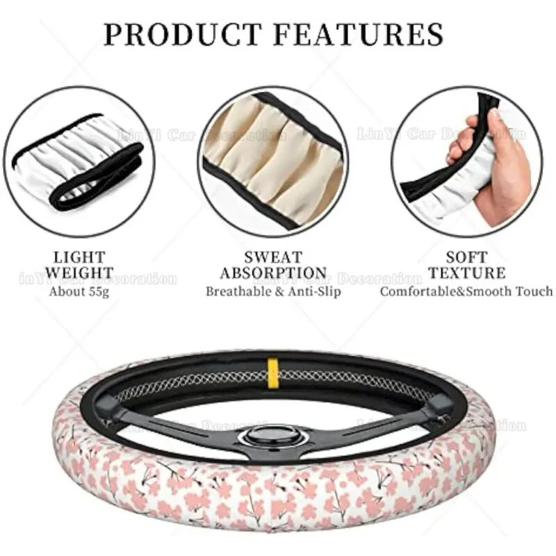 Κάλυμμα τιμονιού Cherry Blossoms Floral σχέδιο με ροζ λουλούδια Sakura Neoprene Αντιολισθητικό κάλυμμα τιμονιού 15 ιντσών