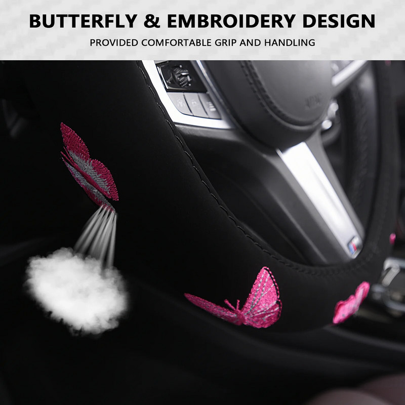 Automobiļu stūres rata pārsegs tauriņziedu raksts apaļš, elastīgs, ērts, nodilumizturīgs, piemērots 37–38 cm stūrei