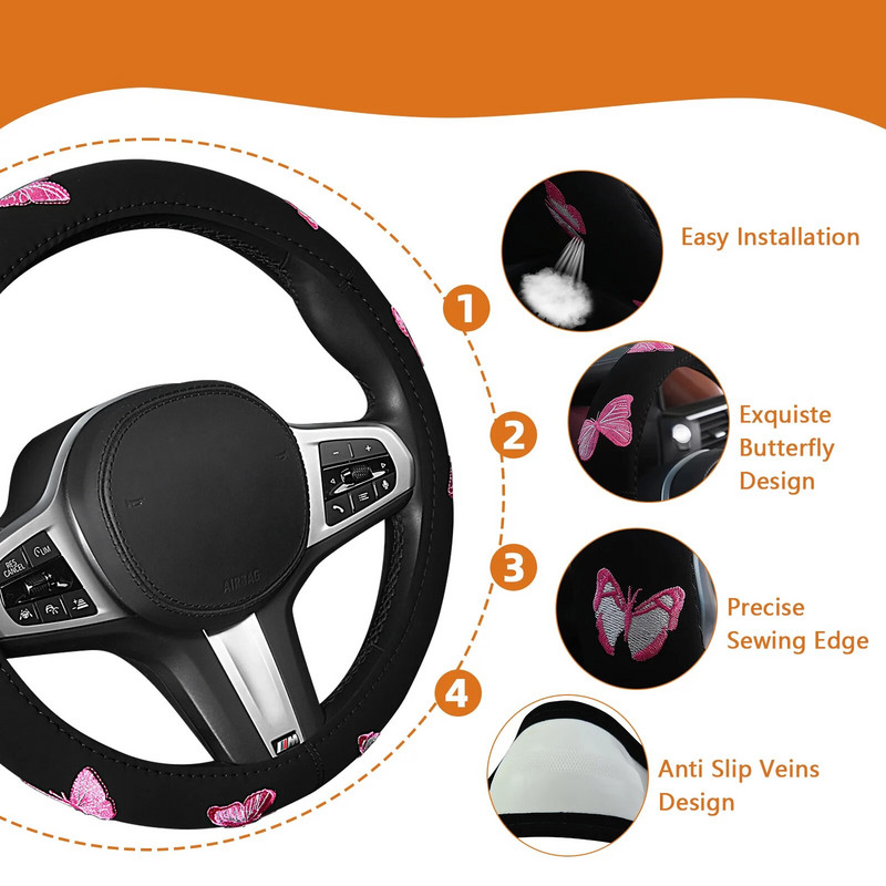 Automobiļu stūres rata pārsegs tauriņziedu raksts apaļš, elastīgs, ērts, nodilumizturīgs, piemērots 37–38 cm stūrei