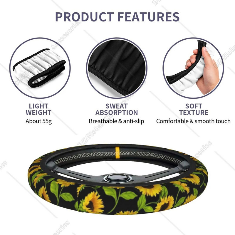 Päevalillevärvi roolikate naistele, tüdrukutele, must lilleline libisemisvastane neopreenist autotarvikute kaitseümbris, universaalne 15 tolli