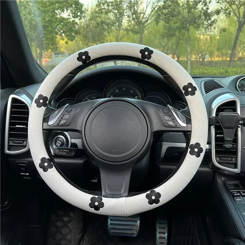 Automašīnas stūres rata pārsegs Daisy Flowers pretslīdēšanas sviedrus absorbējošs automašīnas roktura pārsegs Universālie stūres rata elastīgie pārsegi