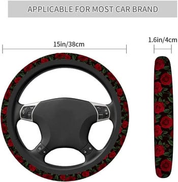 Ροζ Κόκκινο Καλύμματα Τιμονιού 15 ιντσών Vintage Κόκκινα Τριαντάφυλλα και Πράσινα Φύλλα Universal Ταιριάζει στα περισσότερα SUV αυτοκινήτων σεντάν