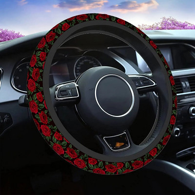 Розово-червени капаци за волан 15-инчови винтидж червени рози и зелени листа Универсални подходящи за повечето автомобили Седани SUV