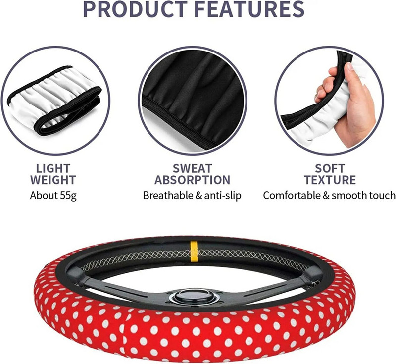 Sarkans, balts polka dots stūres rata pārsegs sievietēm pretslīdes auto automašīnas apšuvuma aksesuāri meitenēm