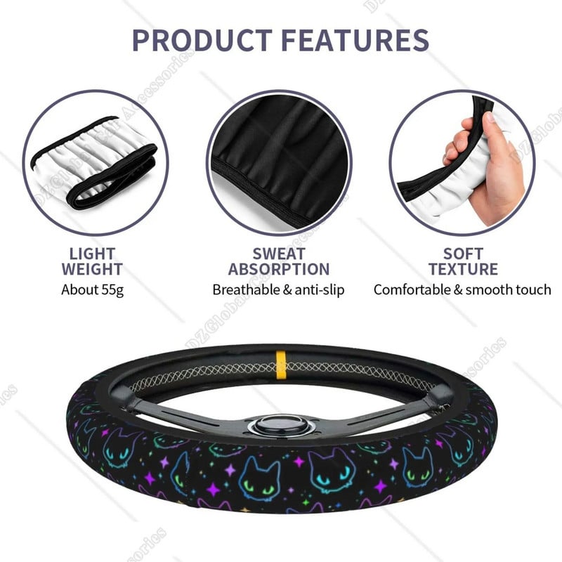 Automašīnas stūres rata pārsegs Universāls 15 collu krāsains neona kaķu galvas, stūres rata aizsargs, automašīnu aksesuāri vīriešiem sieviešu dekors