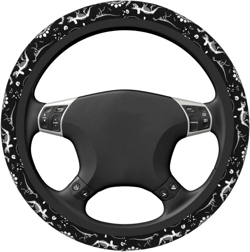 Automašīnas stūres pārsegs, melns dinozaurs, universāls stūres rata aizsargs sievietēm vīriešiem pretslīdes automobiļu rotājumi