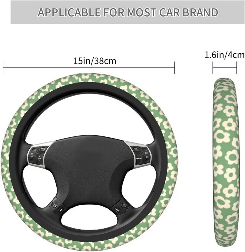 Vintage Groovy Flowers stūres pārsegs Cute universāls 15 collu auto aksesuāru aizsargs sievietēm meitenēm