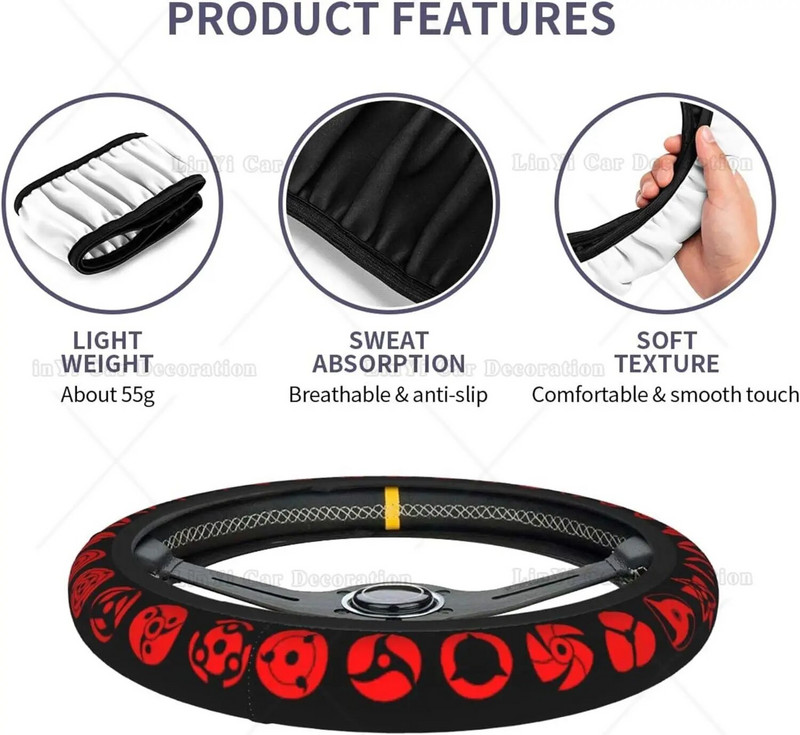 Anime automašīnu elastīgais stūres rata pārsegs Smieklīgi pretslīdes automašīnu aksesuāri vīriešiem, sievietēm, universāli, 15 collas, der lielākajai daļai transportlīdzekļu