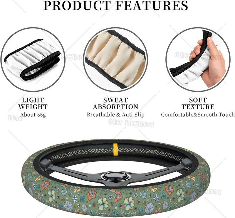 Sage Green Hippie Flower Auto rooliratta kate universaalne 15-tolline neopreenist sisekujunduse kaitsetarvikud