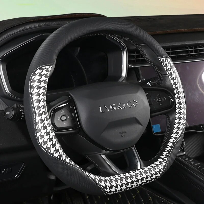 Stilīgs Houndstooth PU automašīnas stūres rata pārsegs Nodilumizturīgs pretslīdes Four Seasons universāls apļveida roktura pārsegs