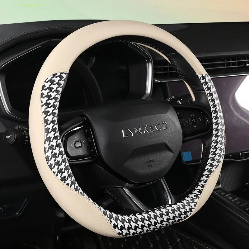 Stilīgs Houndstooth PU automašīnas stūres rata pārsegs Nodilumizturīgs pretslīdes Four Seasons universāls apļveida roktura pārsegs