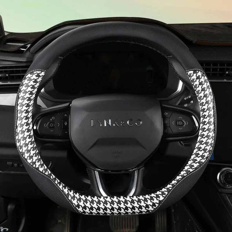Stilīgs Houndstooth PU automašīnas stūres rata pārsegs Nodilumizturīgs pretslīdes Four Seasons universāls apļveida roktura pārsegs