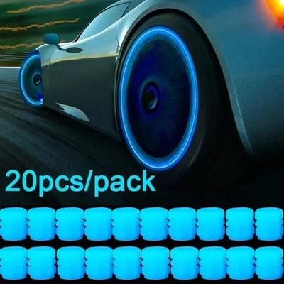 20/4PCS automašīnu gaismas riepas vārsta vāciņš Fluorescējoši nakts kvēlojošs dekors Motocikla riteņu sprausla Putekļu necaurlaidīgi riepas kāta kvēlojošie vāciņi