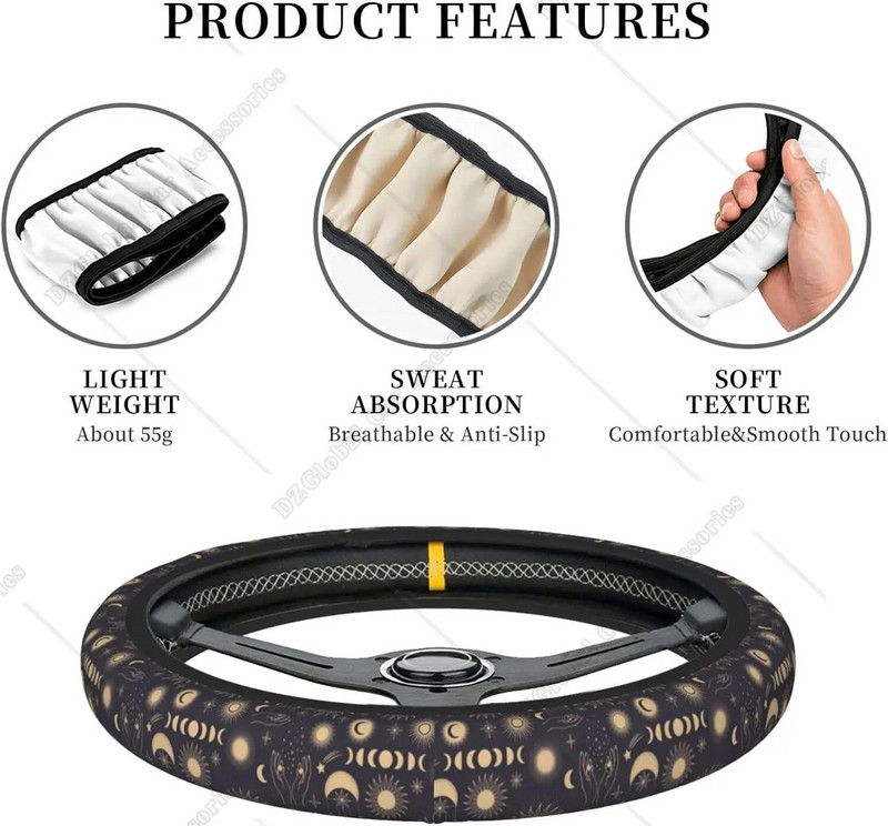 Autó kormánykerék burkolat univerzális 15 hüvelykes Vintage Mystical Sun Moon Stars Celestial Space kormánykerék védő autó dekoráció