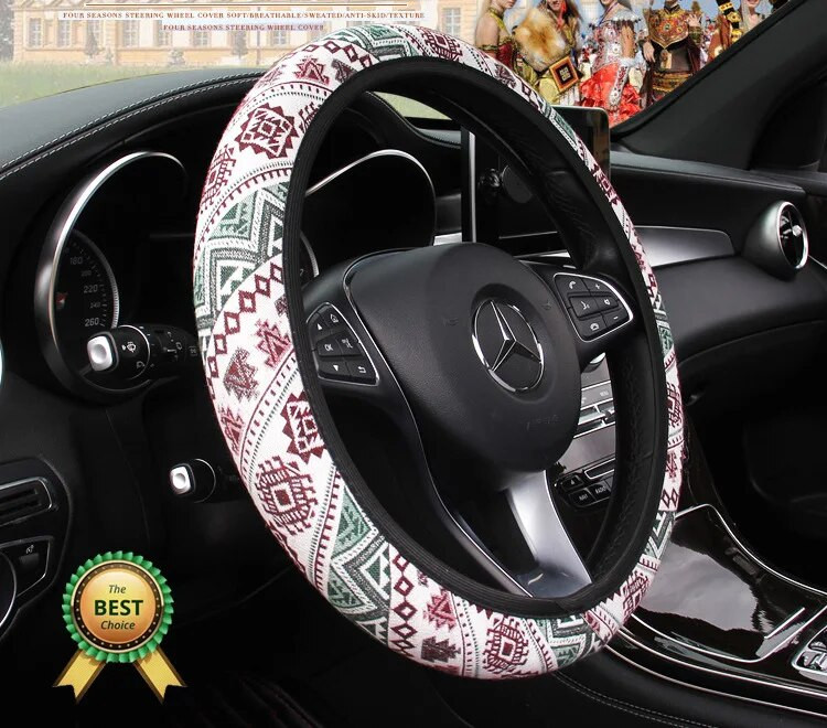 38 cm-es új Baja takaró autó kormánykerék borítása univerzálisan illeszkedik a legtöbb autóhoz Bohém etnikai Maya stílusú durva lenvászon fogantyúhuzat