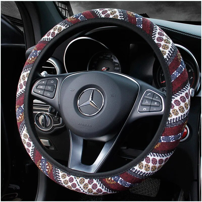38 cm-es új Baja takaró autó kormánykerék borítása univerzálisan illeszkedik a legtöbb autóhoz Bohém etnikai Maya stílusú durva lenvászon fogantyúhuzat