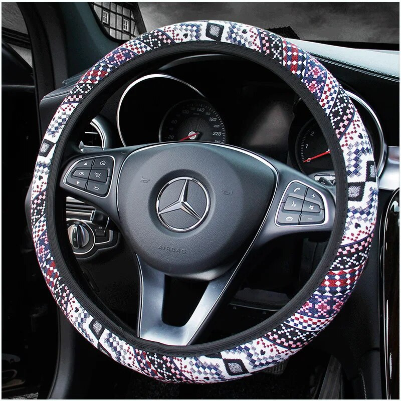 38 cm-es új Baja takaró autó kormánykerék borítása univerzálisan illeszkedik a legtöbb autóhoz Bohém etnikai Maya stílusú durva lenvászon fogantyúhuzat