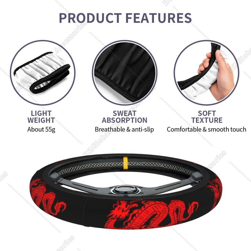 Dragon Red universāls neoprēna stūres pārsegs Abstract ķīniešu pūķis sarkans melns 15 collu stūres rata pārsegi