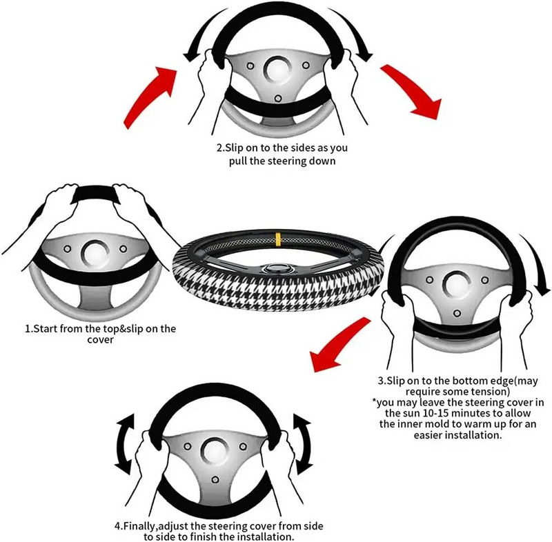 Must valge Houndstooth universaalne 15 rooliratta katted Abstraktsed geomeetrilised ruudulise hambaga armas auto rooliratta kate