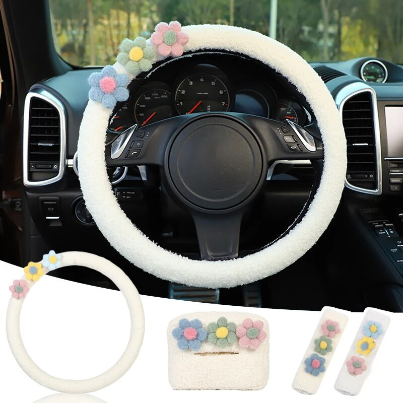 Valge plüüs lilleline auto rooliratta kate Armas multikas auto turvavöö kate Paberrätikukarp lambakarva naiste auto interjöör