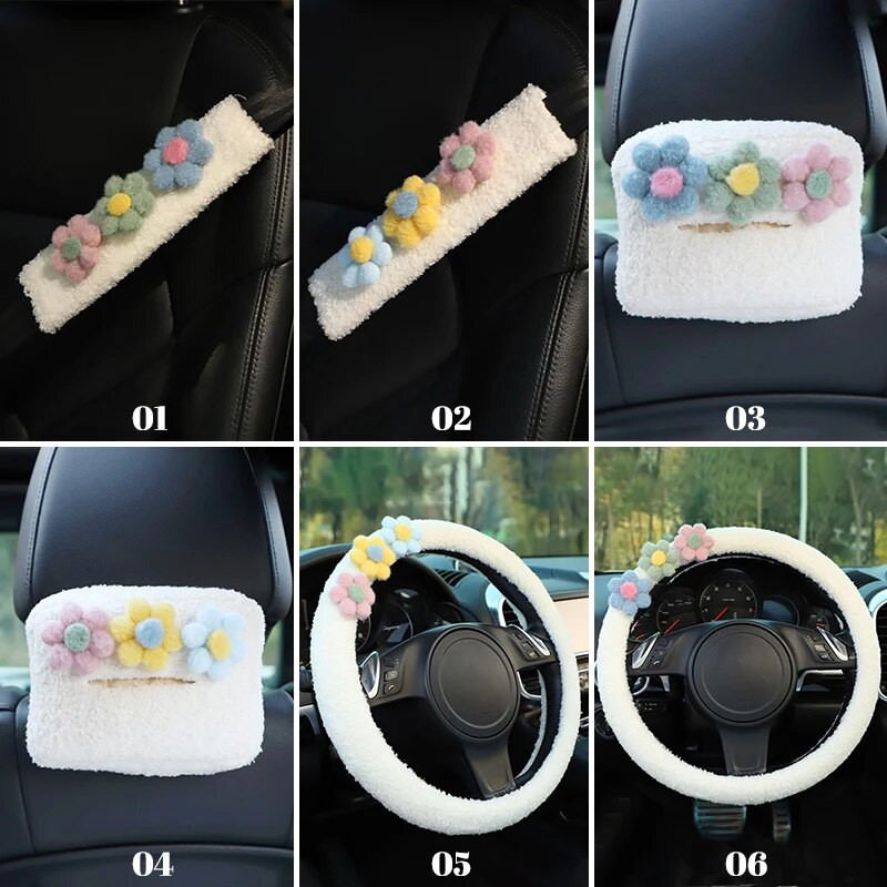 Valge plüüs lilleline auto rooliratta kate Armas multikas auto turvavöö kate Paberrätikukarp lambakarva naiste auto interjöör