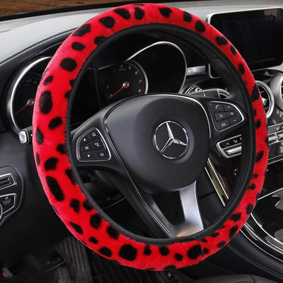 Univerzálne plyšové poťahy na volant do auta s leopardím vzorom, zimná kožušina, teplé a mäkké doplnky do interiéru auta