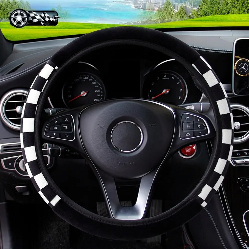 Plush ruuduline auto ilma sisemise rõngata roolikatteta Mugav soe pehme autotarbed salong sobib 37-38cm