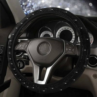 Univerzális 38 cm-es divatos teljes fekete kristály strasszos gyémánt flanel autó kormánykerék borításai Auto Styling belső kiegészítők