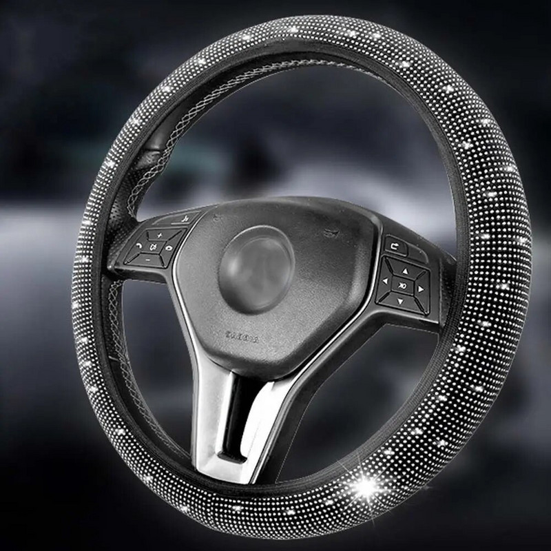 Univerzális 38 cm-es divatos teljes fekete kristály strasszos gyémánt flanel autó kormánykerék borításai Auto Styling belső kiegészítők
