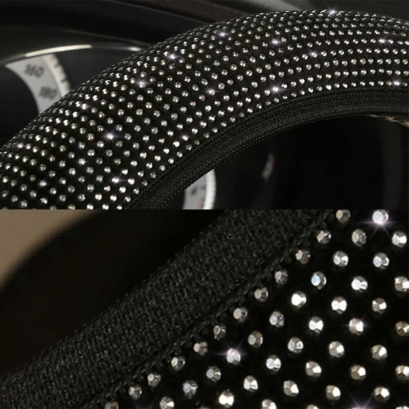 Univerzális 38 cm-es divatos teljes fekete kristály strasszos gyémánt flanel autó kormánykerék borításai Auto Styling belső kiegészítők